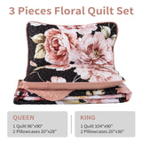 Black Floral Quilt Set Queen Size, 3 Pieces Pink Botanical Flower Printed