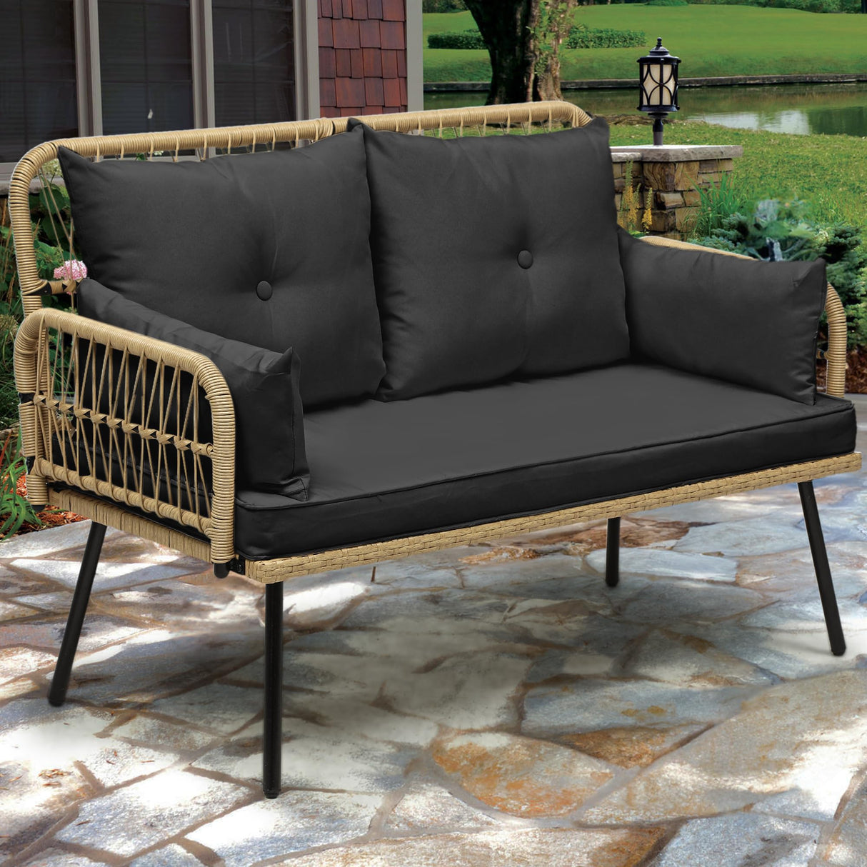 Patio Furniture Wicker Outdoor Loveseat, All-Weather Rattan Conversation for Backyard