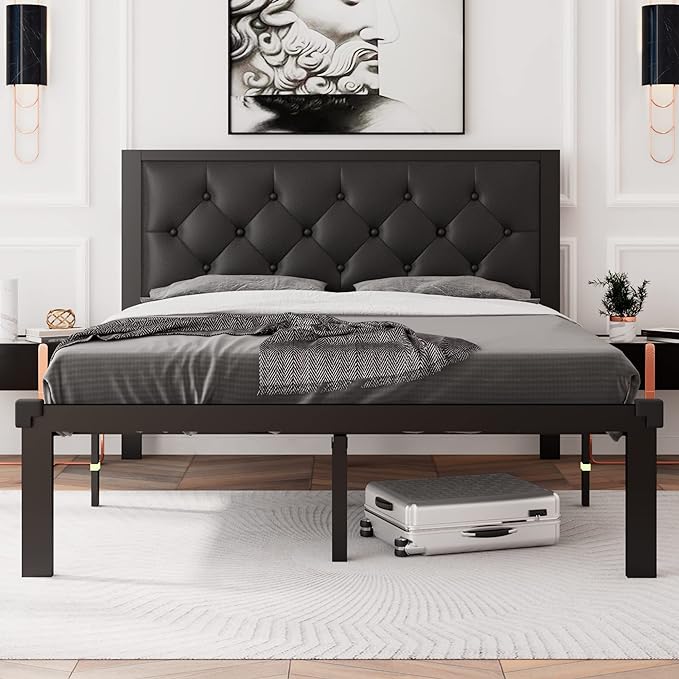 Queen Size Metal Bed Frame, Heavy-Duty Platform Bed Frame with Linen Upholstered