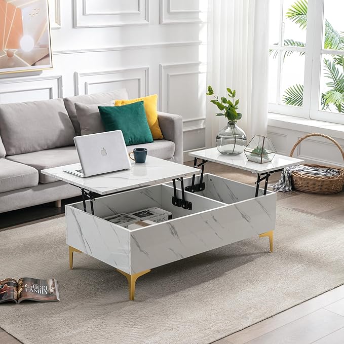 41" Marble White Cool Coffee Table for Living Room,Rectangular Glossy Smart Contemporary Center