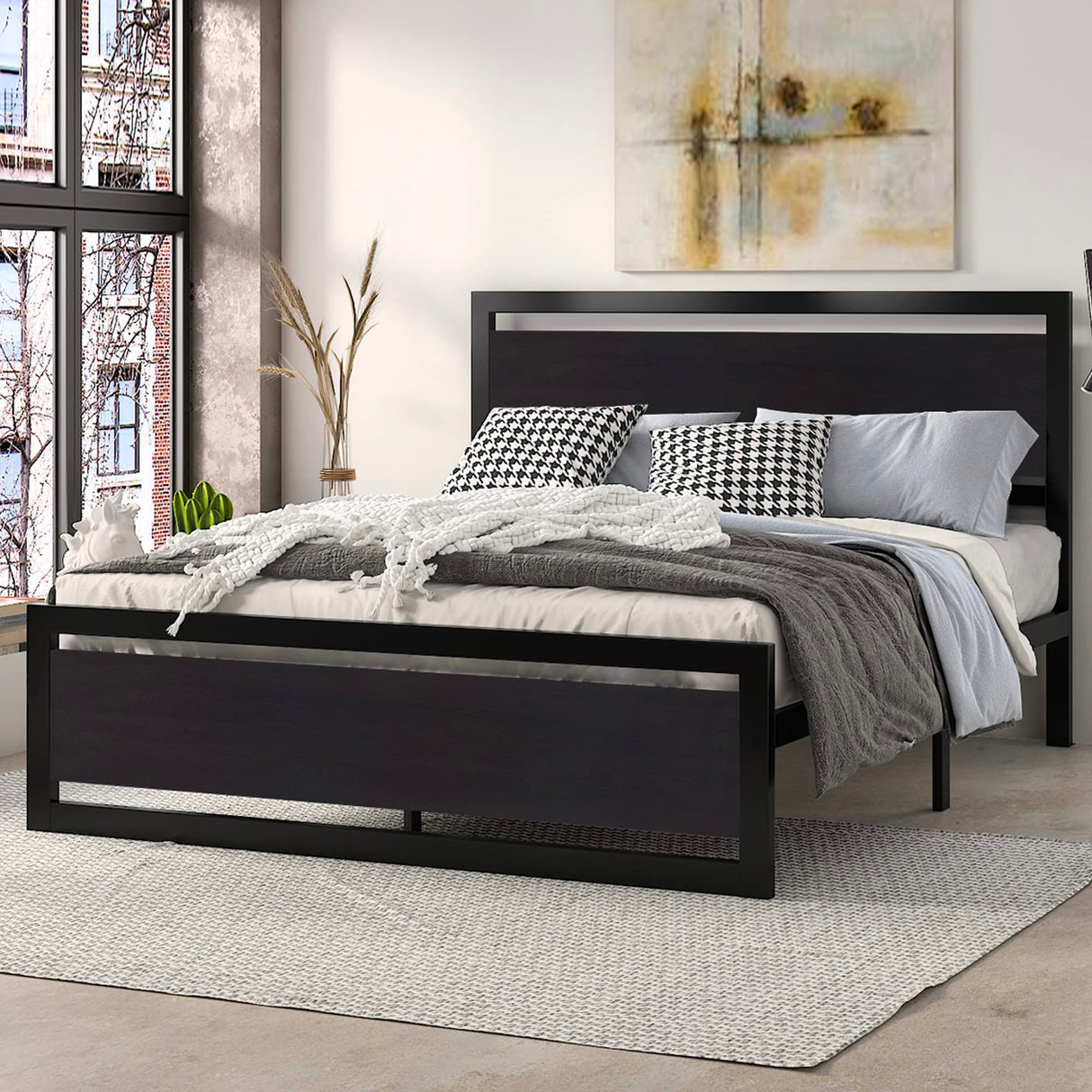 Full Size Bed Frame with Modern Wooden Headboard/Heavy Duty Platform Metal Bed