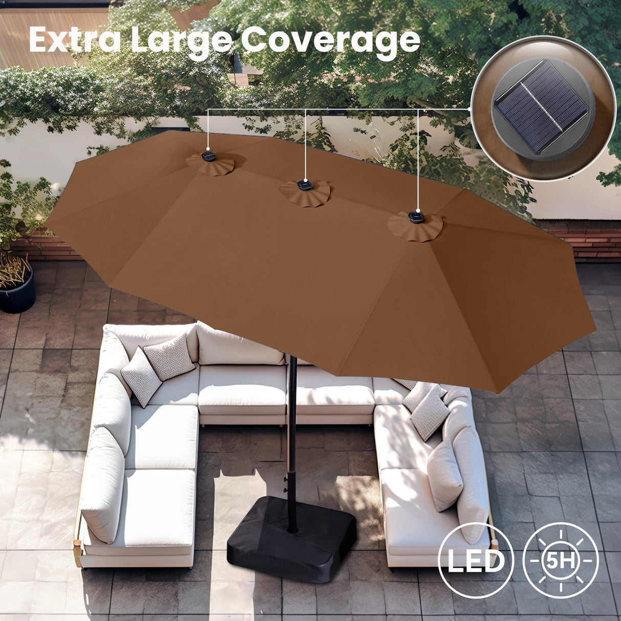 15ft Large Patio Umbrella with Solar Lights, Double-Sided Outdoor Market Rectangle Umbrellas with 36 LED Lights,