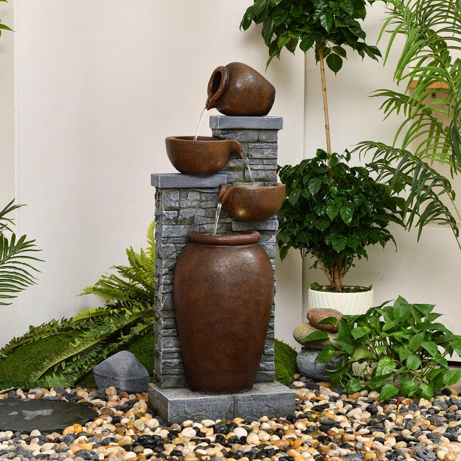 42.52" Outdoor Garden Water Fountain with Lights 4 Tiers Cascading Large Waterfall