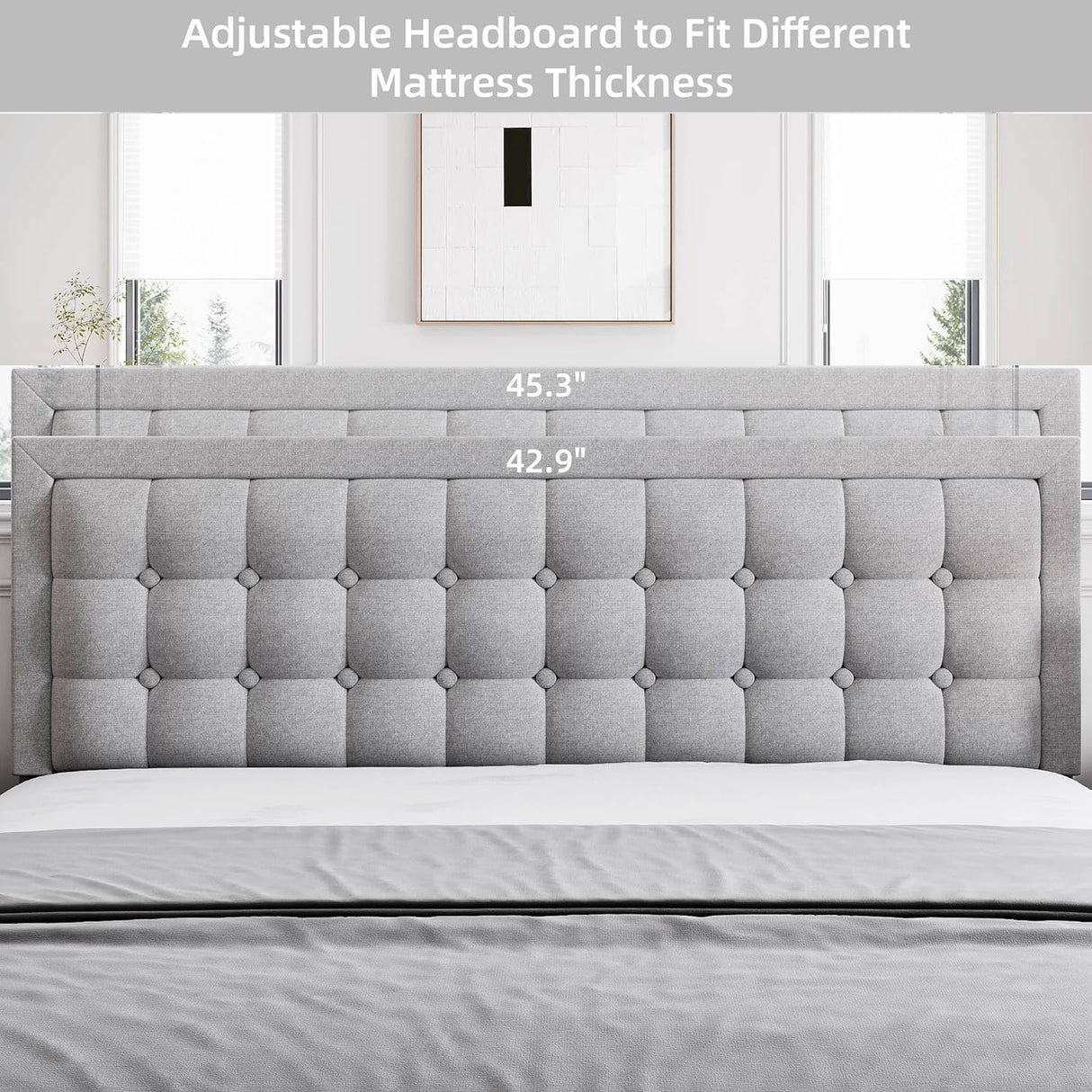 Full Size Bed Frame with Button Tufted Headboard, Upholstered Low Platform Bed Frame,