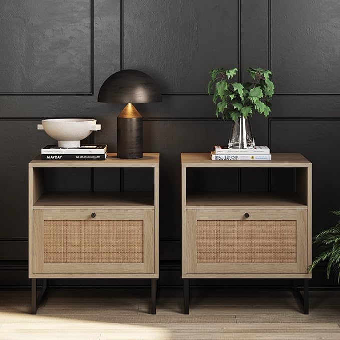 Mina Rattan Wood End Side Accent Table Nightstand