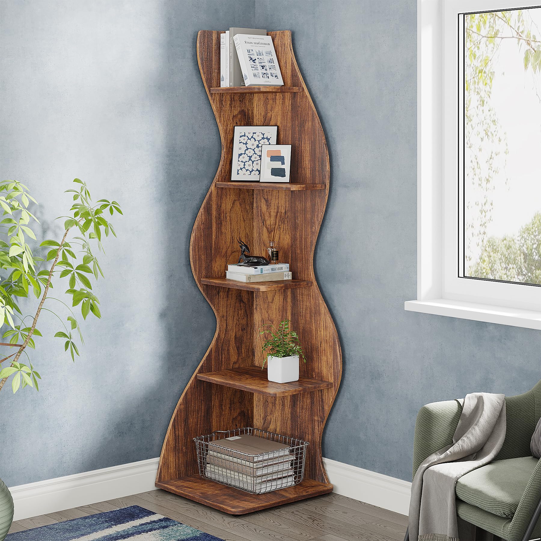 Corner Shelf, Rustic 5-Tier Wall Corner Bookshelf,