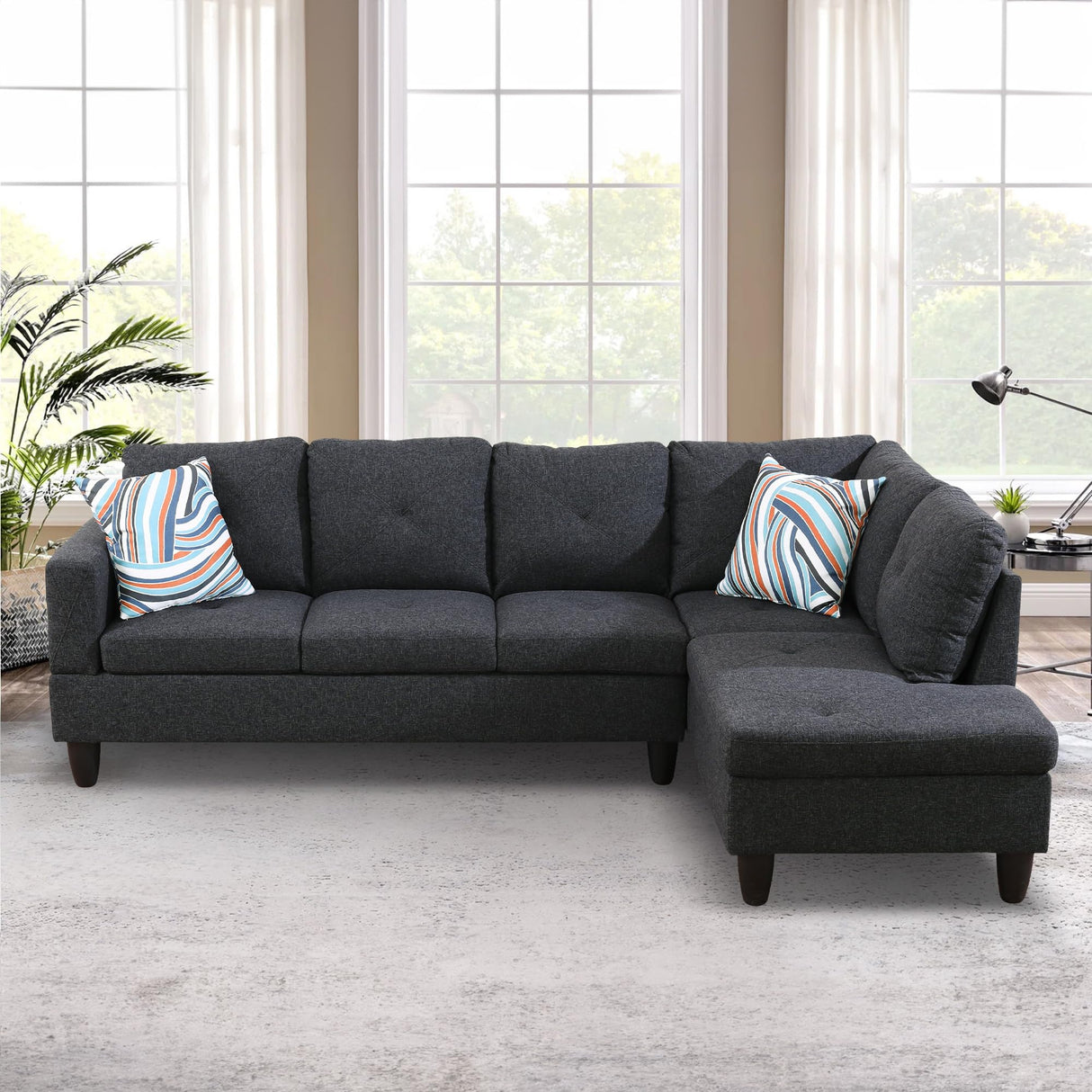 L-shaped Sectional Sofa Set Luxurious Flannelette 5-seat Couches, Right Facing Chaise