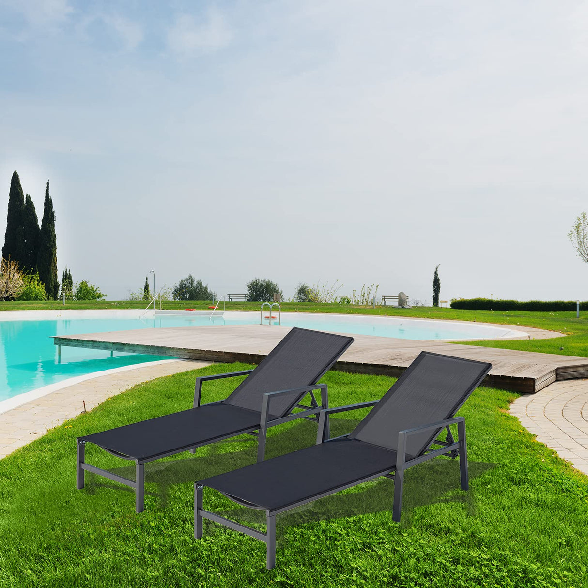 Outdoor Patio Lounge Chair Set of 2, Aluminum Chaise Lounge Outdoor with 5 Adjustable