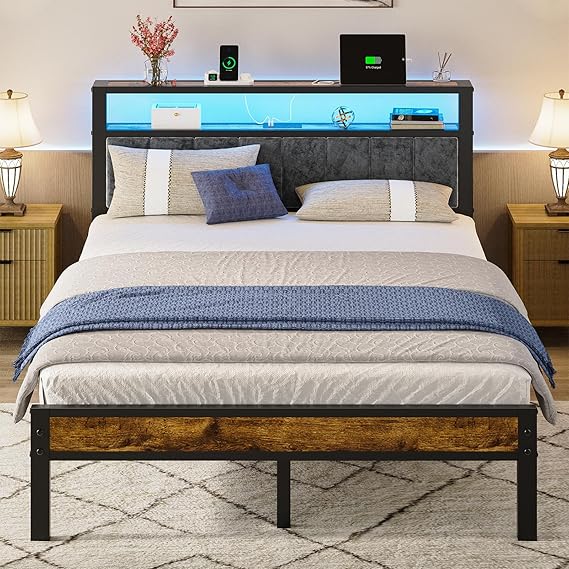 Full Platform Bed with LED Lights & Charging Station