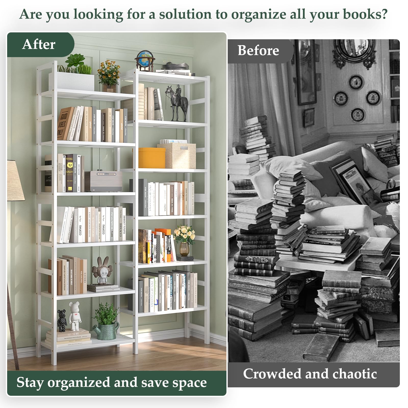 Homykic Double Wide Bamboo Bookshelf White, 6-Tier Large Open Bookcase with 12 Display Shelves, 6ft Tall Freestanding Book Shelf for Home Office, Bedroom, Living Room, Plants