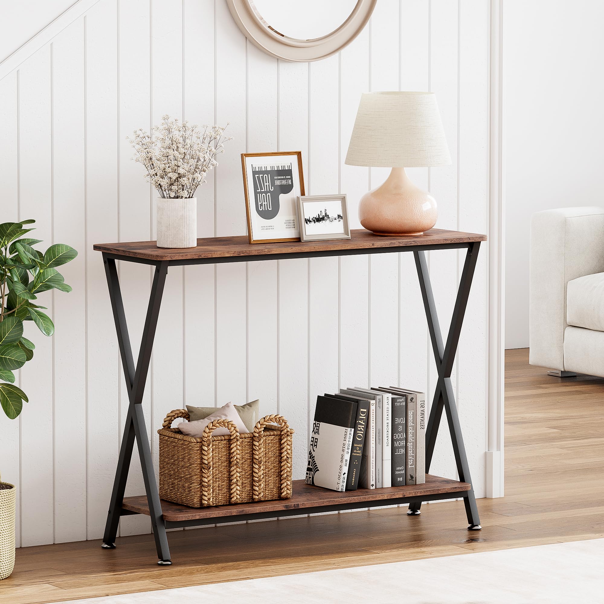 Console Table, Sofa Tables Narrow Entryway Table with Storage Shelf and Metal Frame,