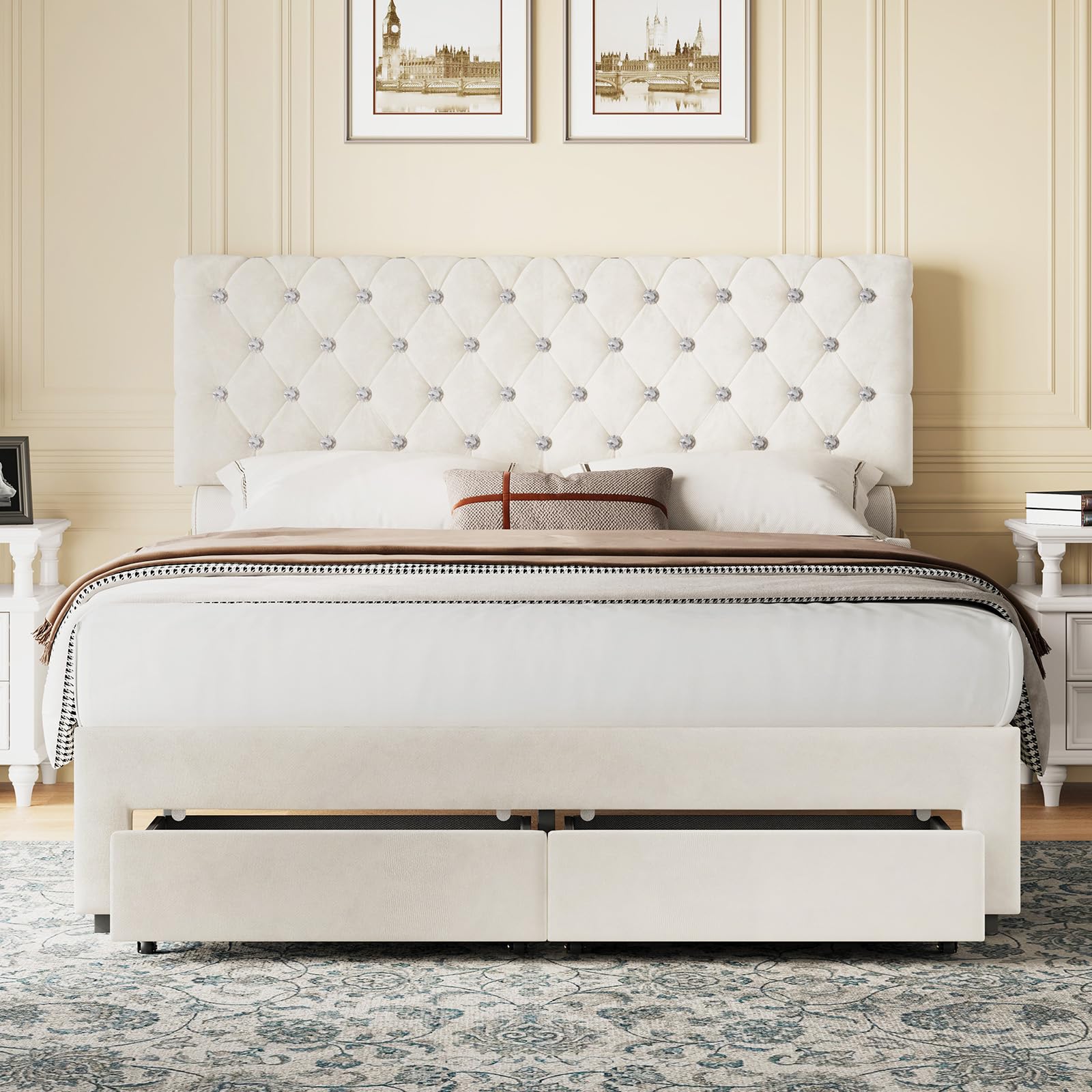 Full Bed Frame with Storage Drawer and Adjustable Headboard
