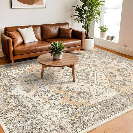 9x12 Large Area Rug - Vintage Washable Rug for Living Room with Non-Slip Low-Pile