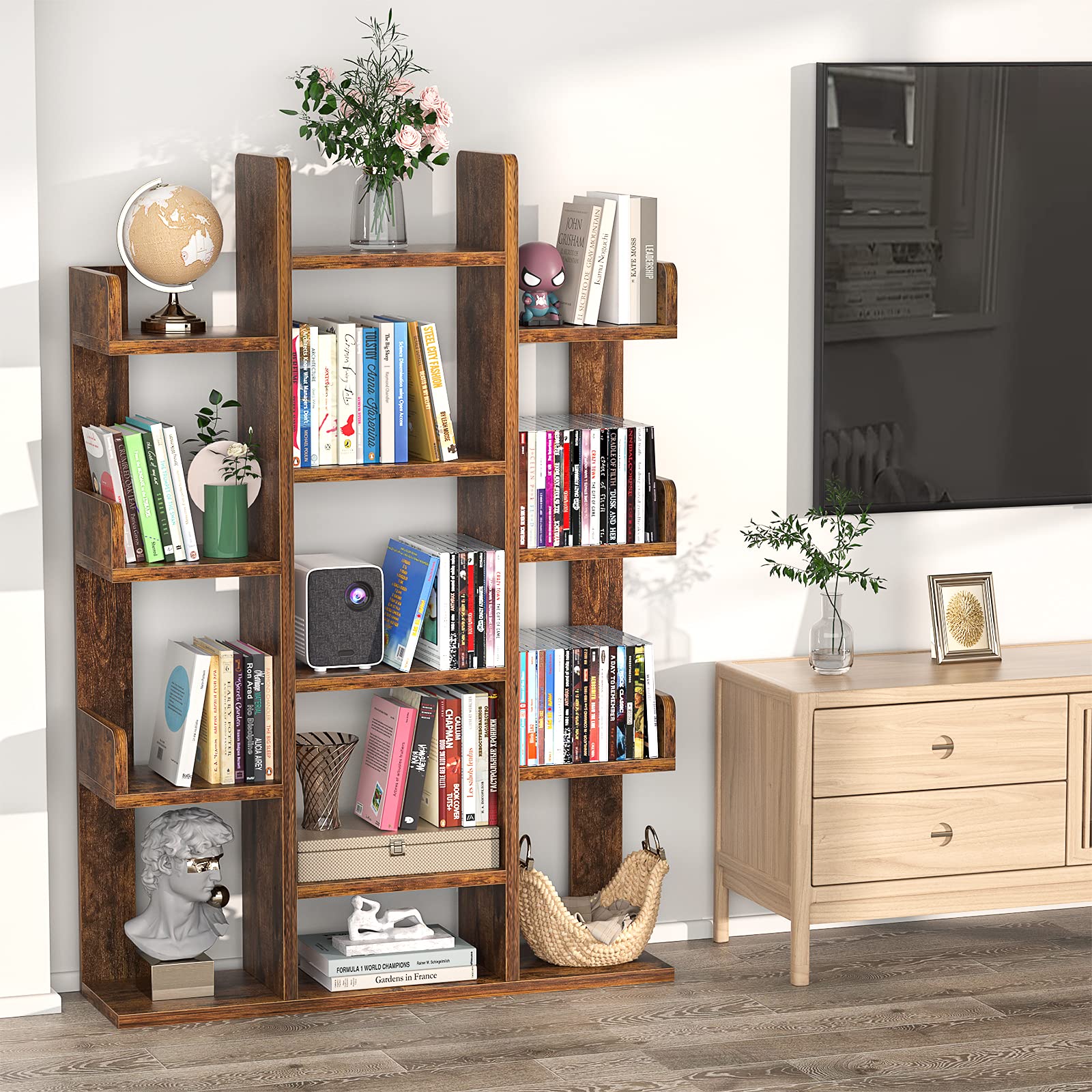 Bookshelf, Tree-Shaped Bookcase Storage Shelf with 13 compartments, Books Organizer Display Cube Shelves, Industrial Free Floor Standing Wood Open Bookshelves for Home