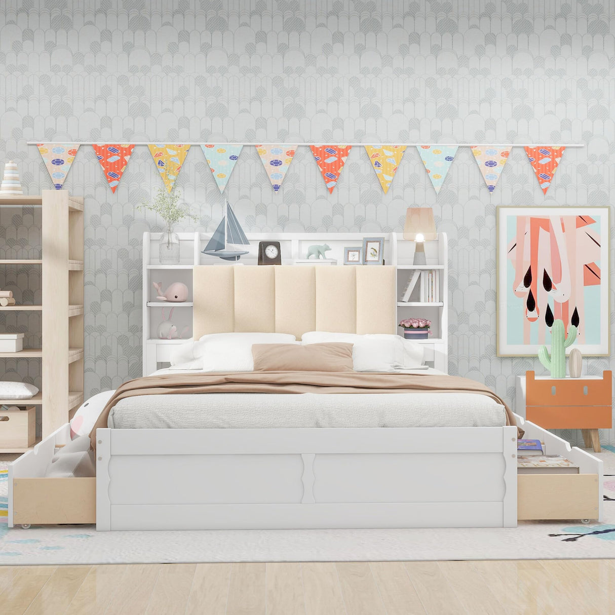 Queen Size Bed Frame Wooden Platform Bed with Storage Upholstered Headboard