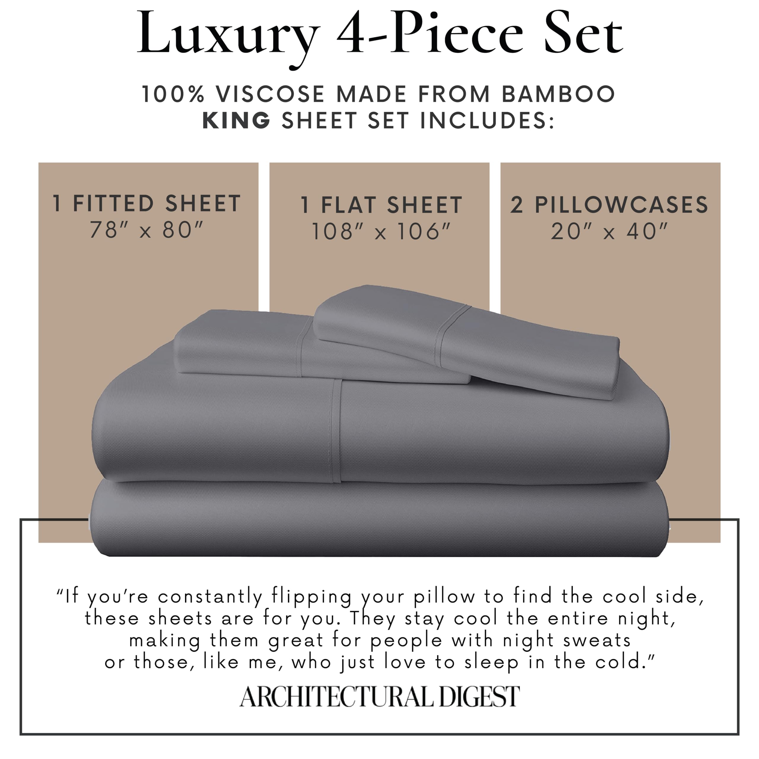 4 Piece King Size Sheets Set - 100% Viscose Made From Bamboo Sheets