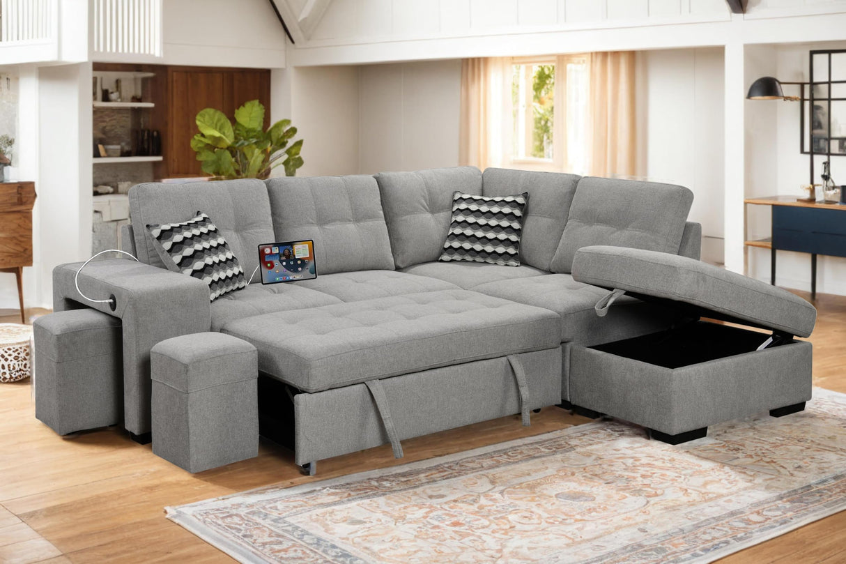 100 inch Linen Sectional Sleeper Sofa with Pull Out Bed, L Shaped Convertible Sectional