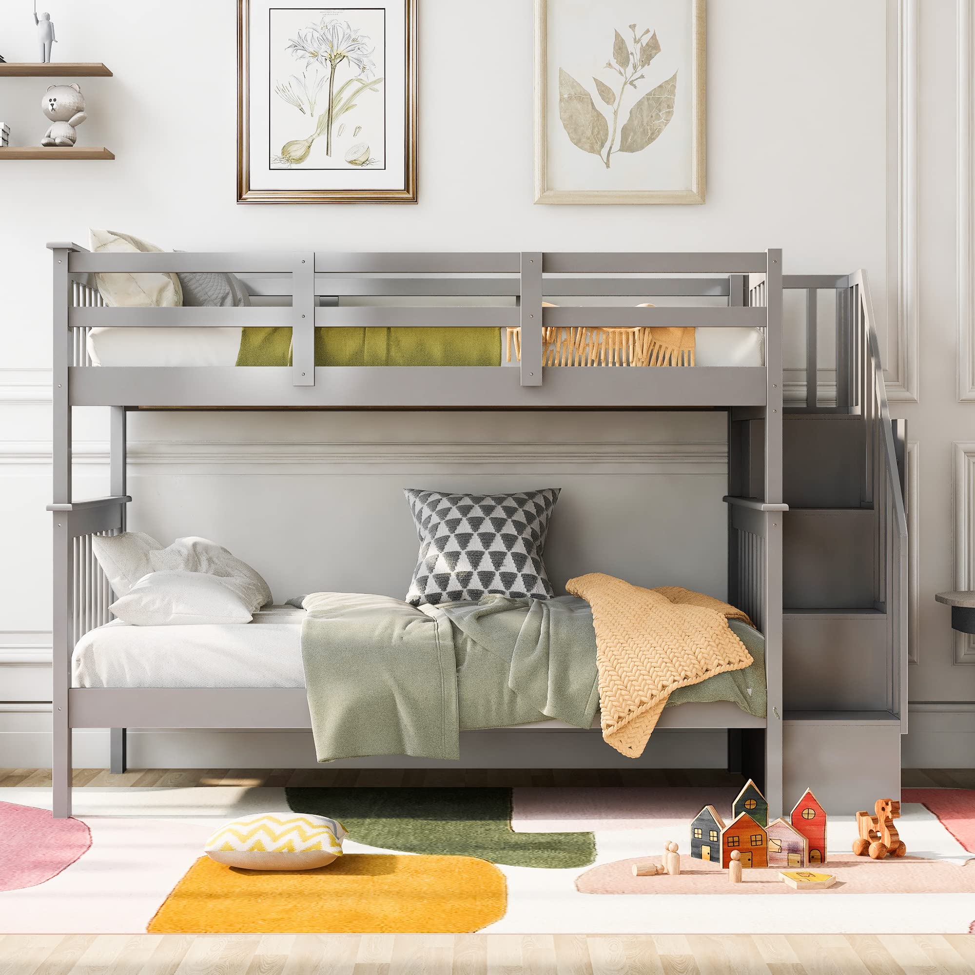 Twin Bunk Beds, Twin Over Twin Bunk Bed with Stairs and Storage, Low Bunk Beds Twin