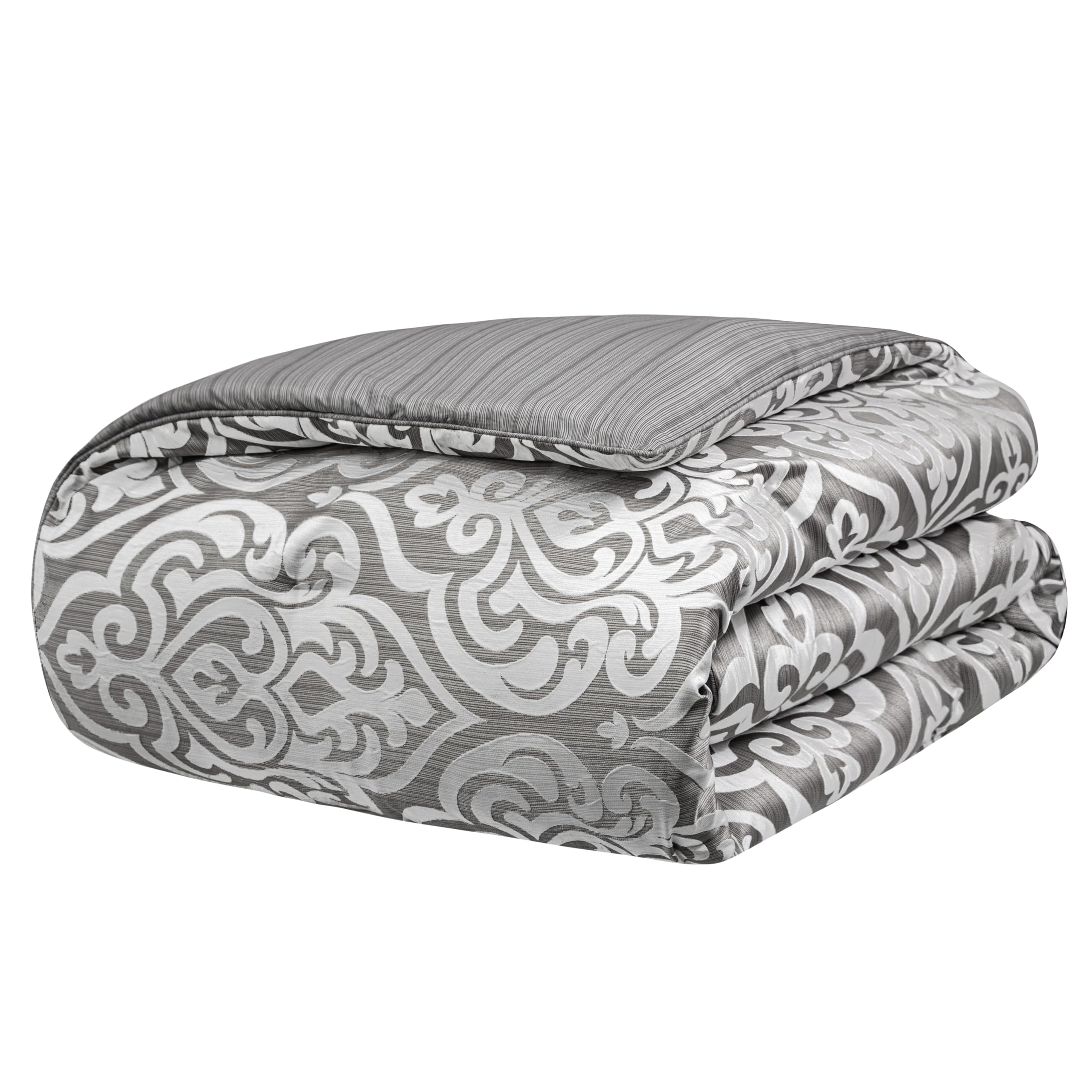 9-Piece Jacquard Damask Comforter Set - Queen Size Silver Gray