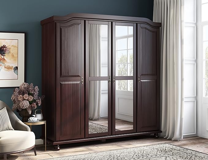 100% Solid Wood Kyle 4-Door Wardrobe/Armoire/Closet with Mirrors, White