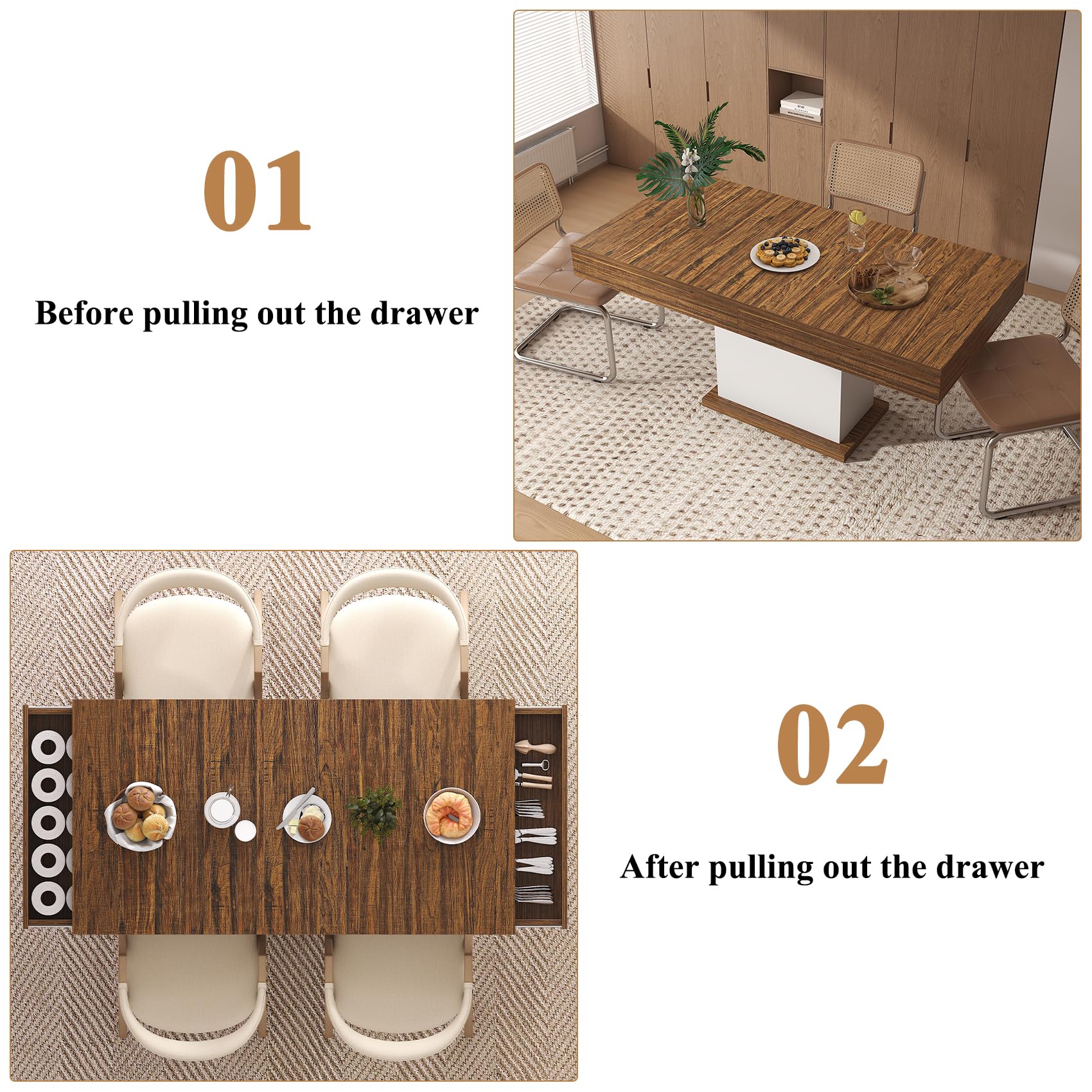 55-Inch Dining Table with Drawers & LED Lights - White & Rustic Brown