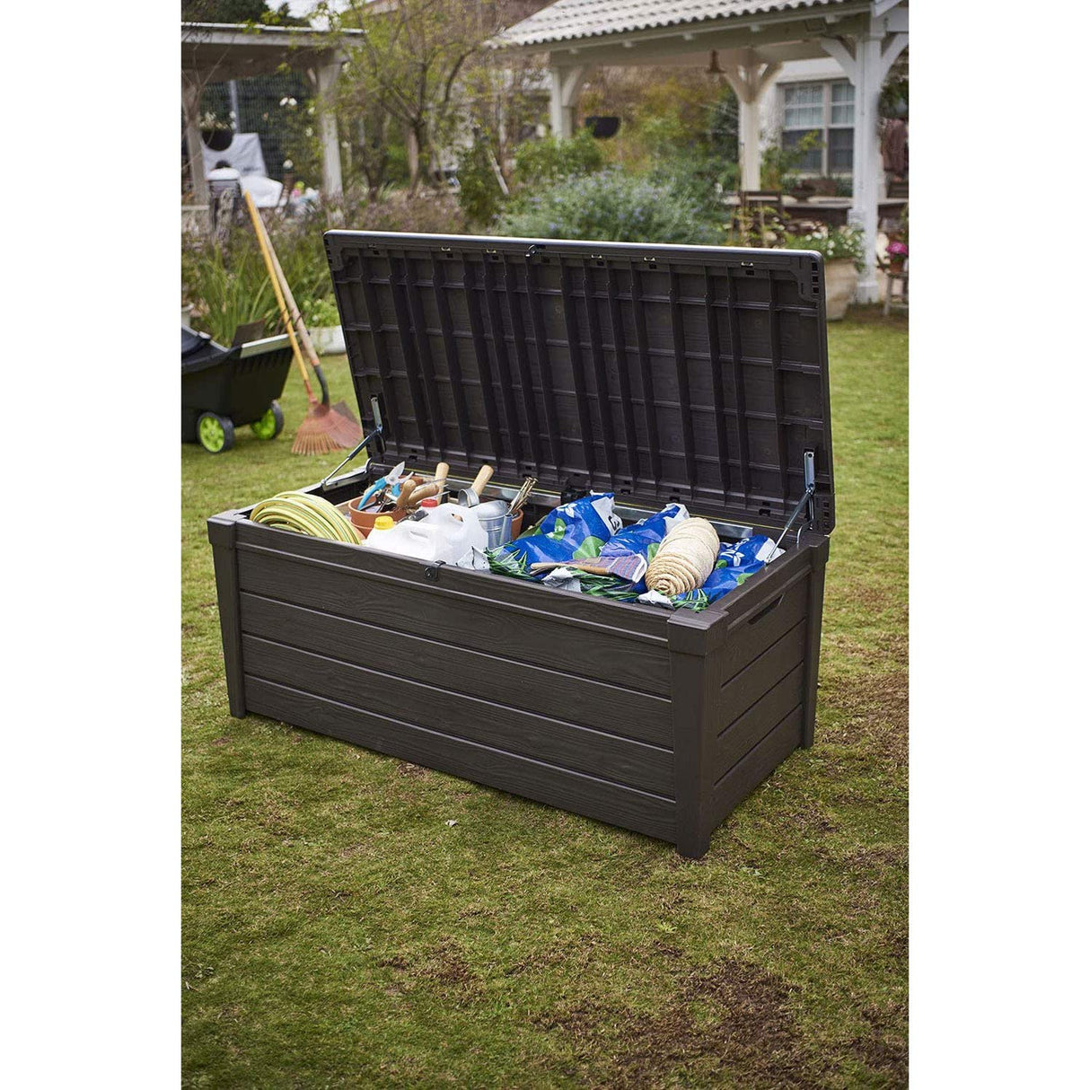 Outdoor Storage Deck Box, for Patio, Backyard & Garden, Brightwood, 120 Gal, Brown