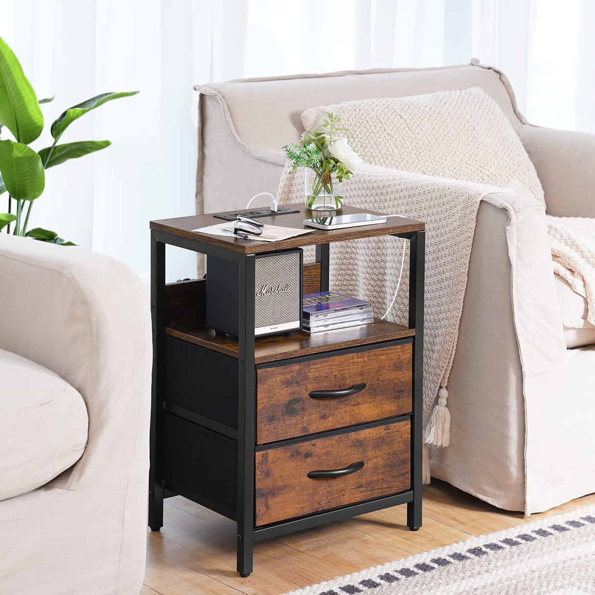 Nightstand with Charging Station, Small Night Stand with Fabric Drawers