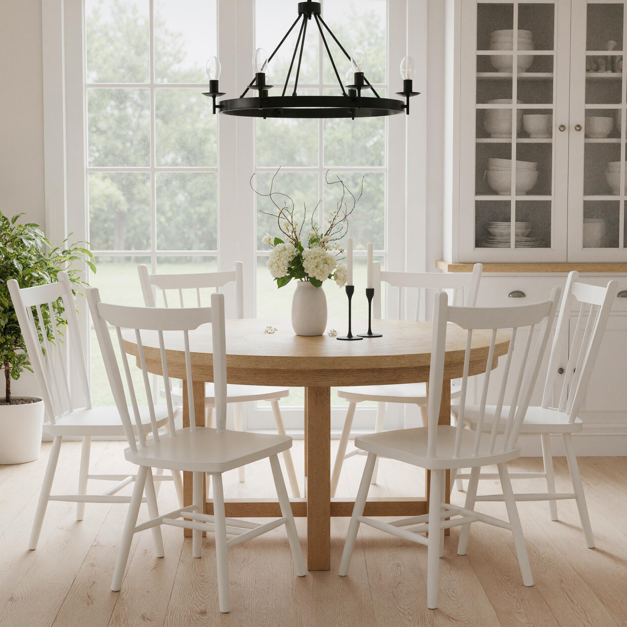 White Windsor Dining Chairs Set of 6 - Solid Wood Spindle Back