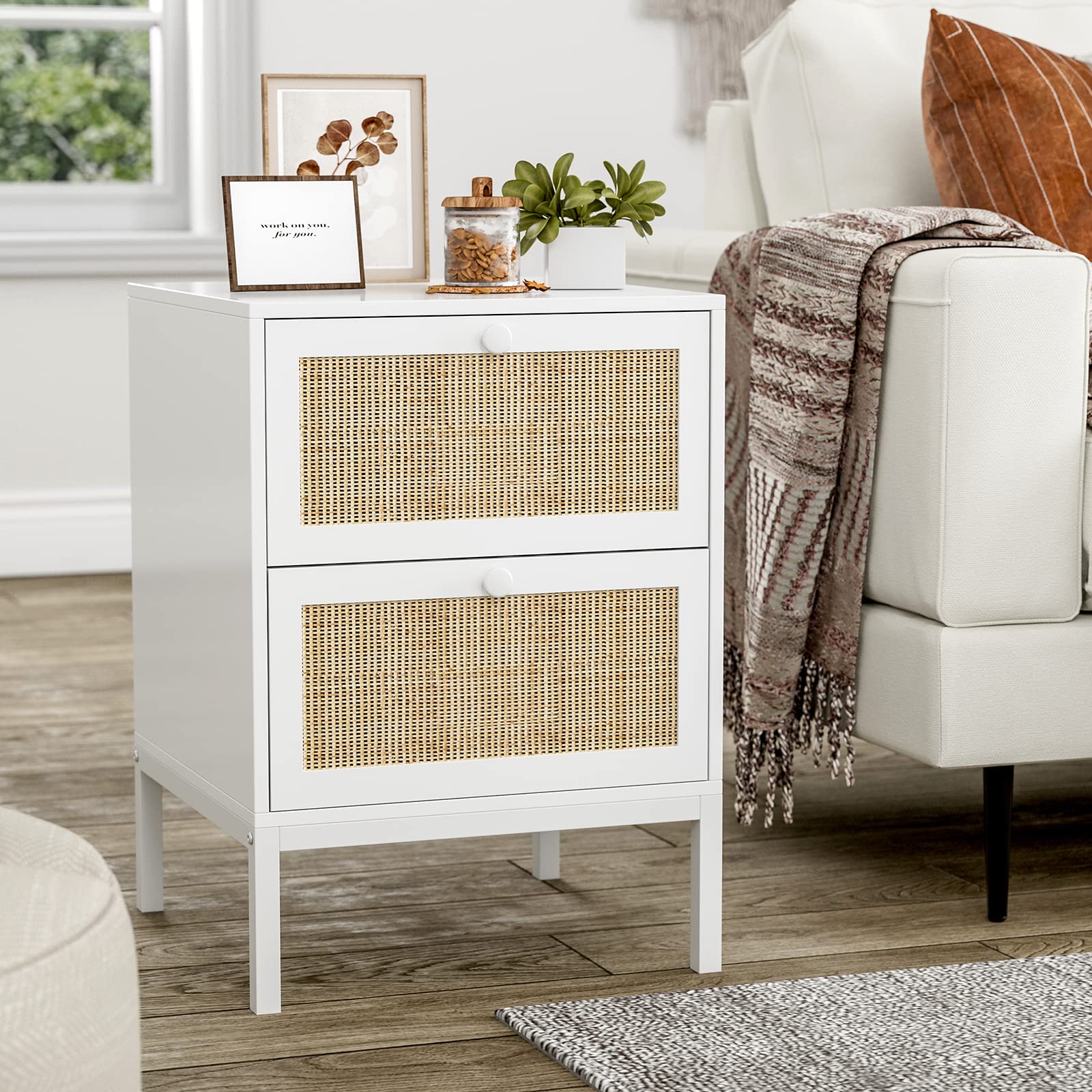 Rattan Nightstand Set of 2, Farmhouse Boho End Side Table with 2 Handmade Rattan Drawers,