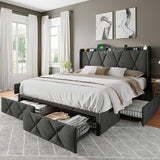 King Bed Frame with 4 Storage Drawers, Upholstered Button Tufted Storage Headboard