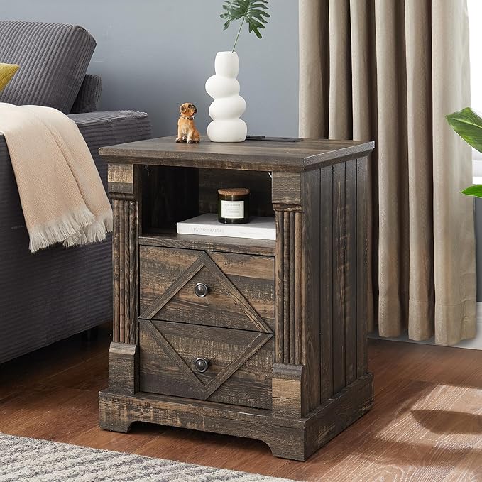 Farmhouse Nightstand with Charging Station, 18 Inch End Table with 2 Drawers Storage