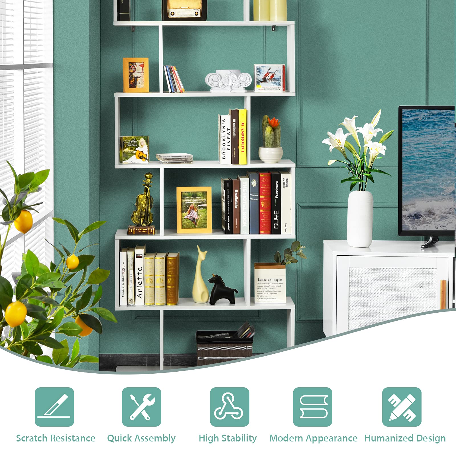 6 Tier S Shaped Bookshelf, 31.5''L x 9''W x 75''H, Wooden Bookcase and Bookshelves w/Anti-Toppling Device, Room Divider Display Shelves for Living Room, Home Decor, 6 Shelf Bookshelf
