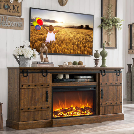 70" Fireplace TV Stand for 75 80 Inch TV, Farmhouse Highboy Entertainment Center