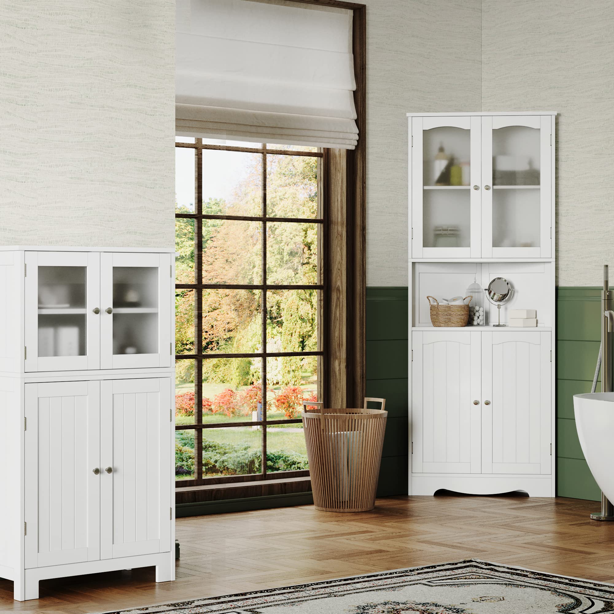 63.2" Tall Bathroom Corner Cabinet, Modern Storage Cabinet with Glass Doors
