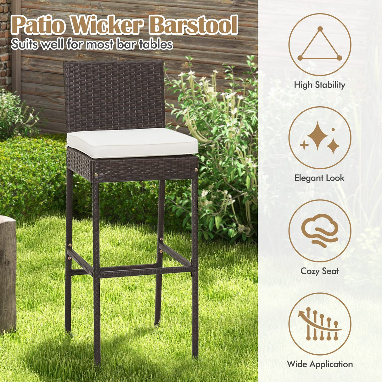 Set of 2 Patio Wicker Barstools, Outdoor Bar Height Chair w/Soft Seat Cushion