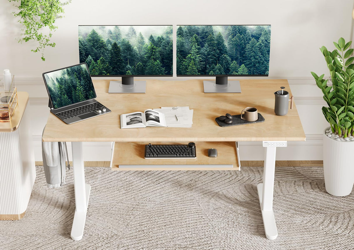 Electric Standing Desk, Solid Wood Adjustable Desk with Keyboard Tray,