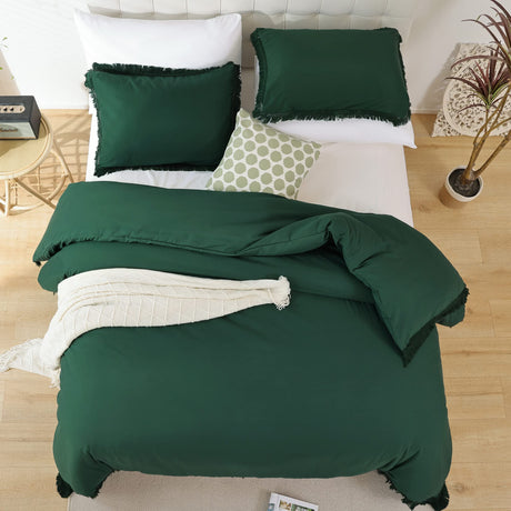 Queen Comforter Set Emerald Green 3Pcs Tassel Boho Bohemian Cute Soft Tufted Microfiber