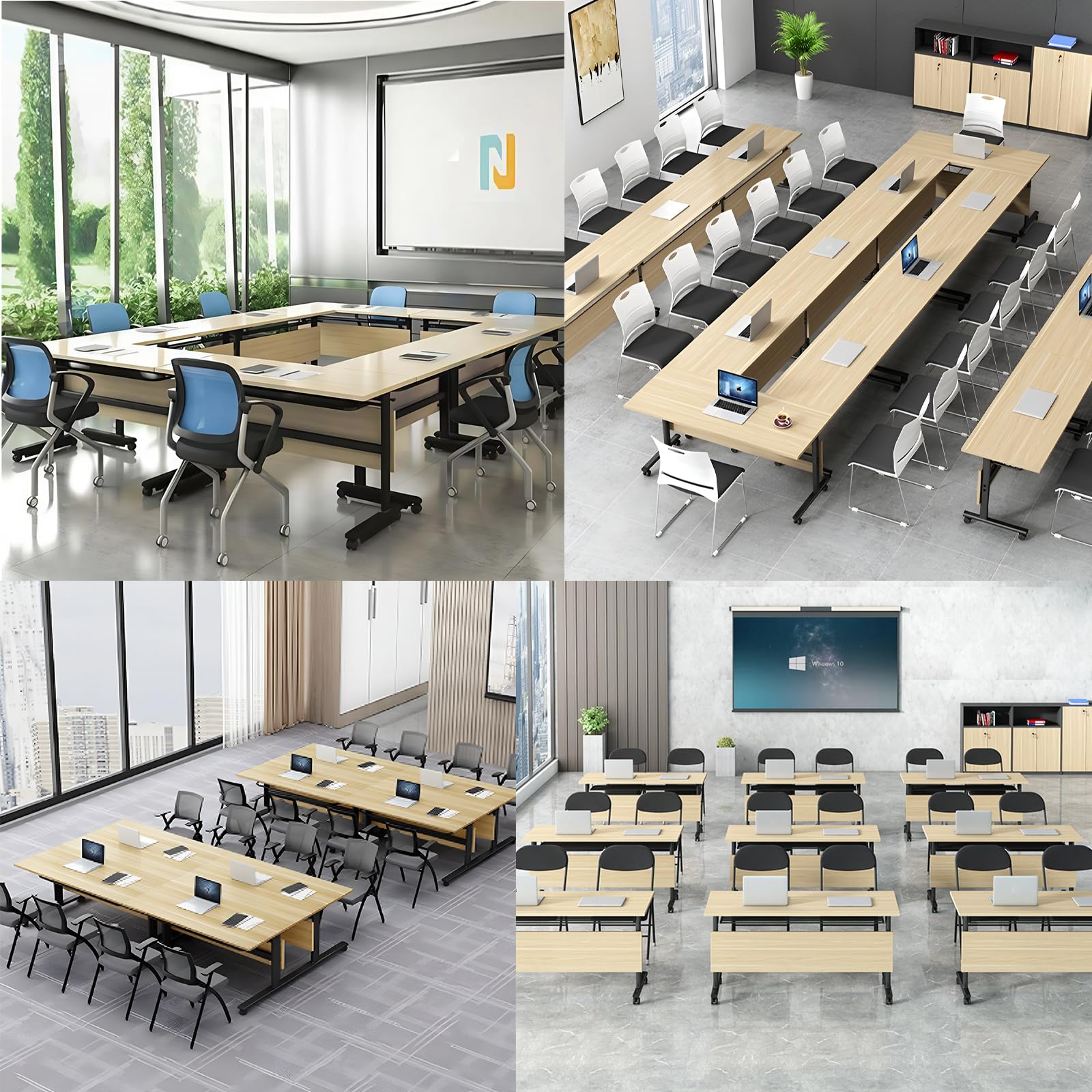 Table,Modern Wood Color Office Folding Flip Top Mobile Training Table with Chair 61"