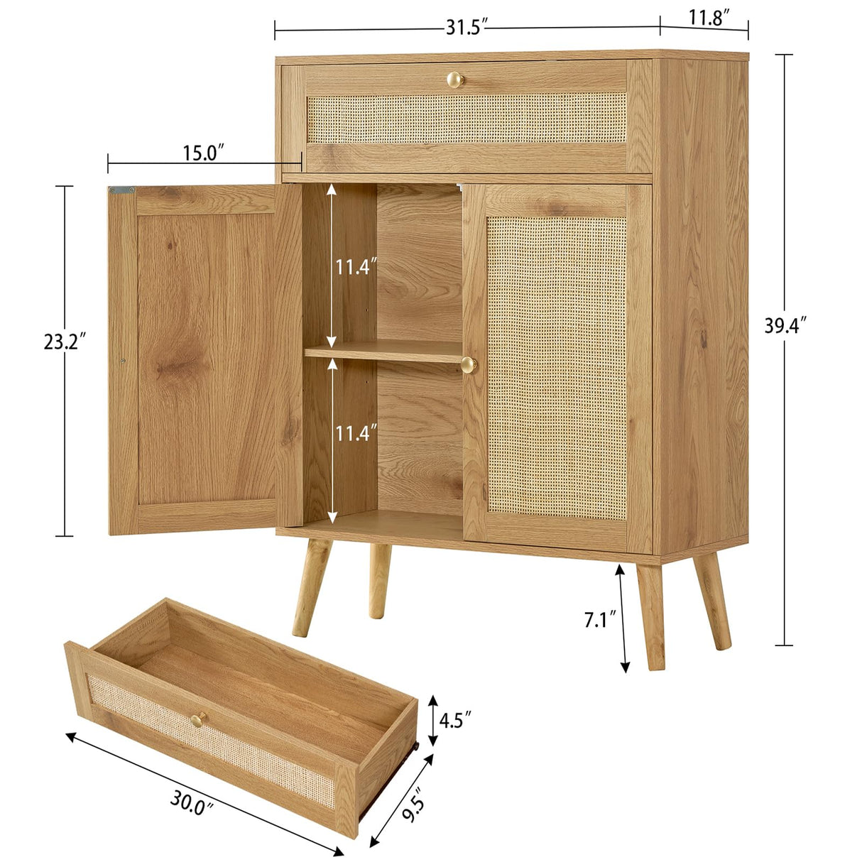 Storage Cabinet, Rattan Cabinet with Adjustable Shelf & Large Drawer, Accent Cabinet