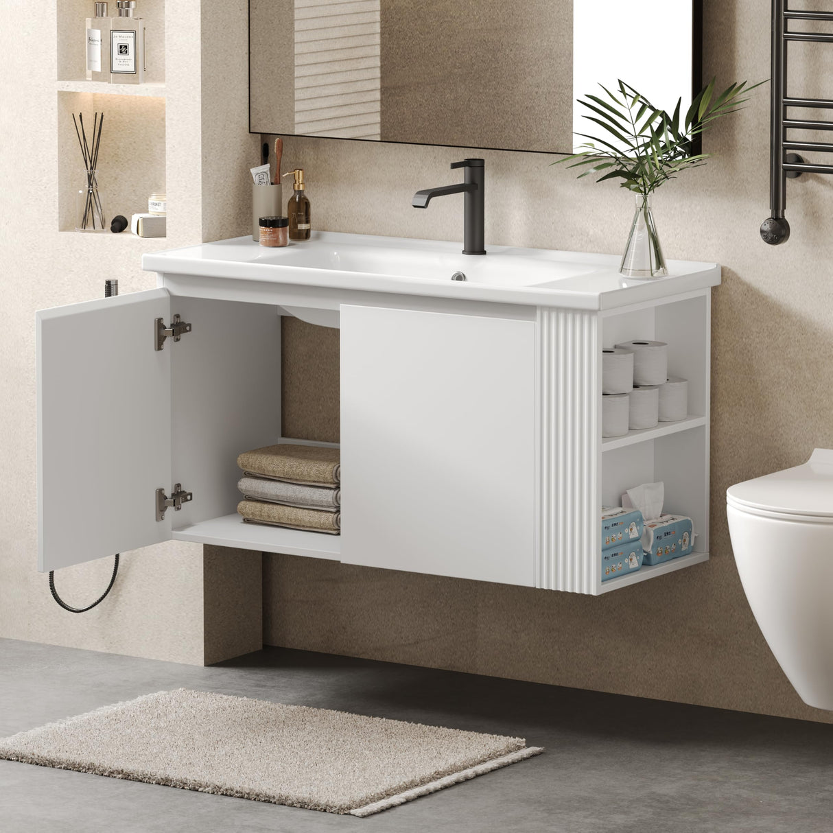 LUMISOL 36" Bathroom Vanity with Ceramic Sink, Wall Mounted Bathroom Vanity with 2 Doors & Side Open Shelves, Modern Floating Bathroom Storage Cabinet with Undermount Sink, White