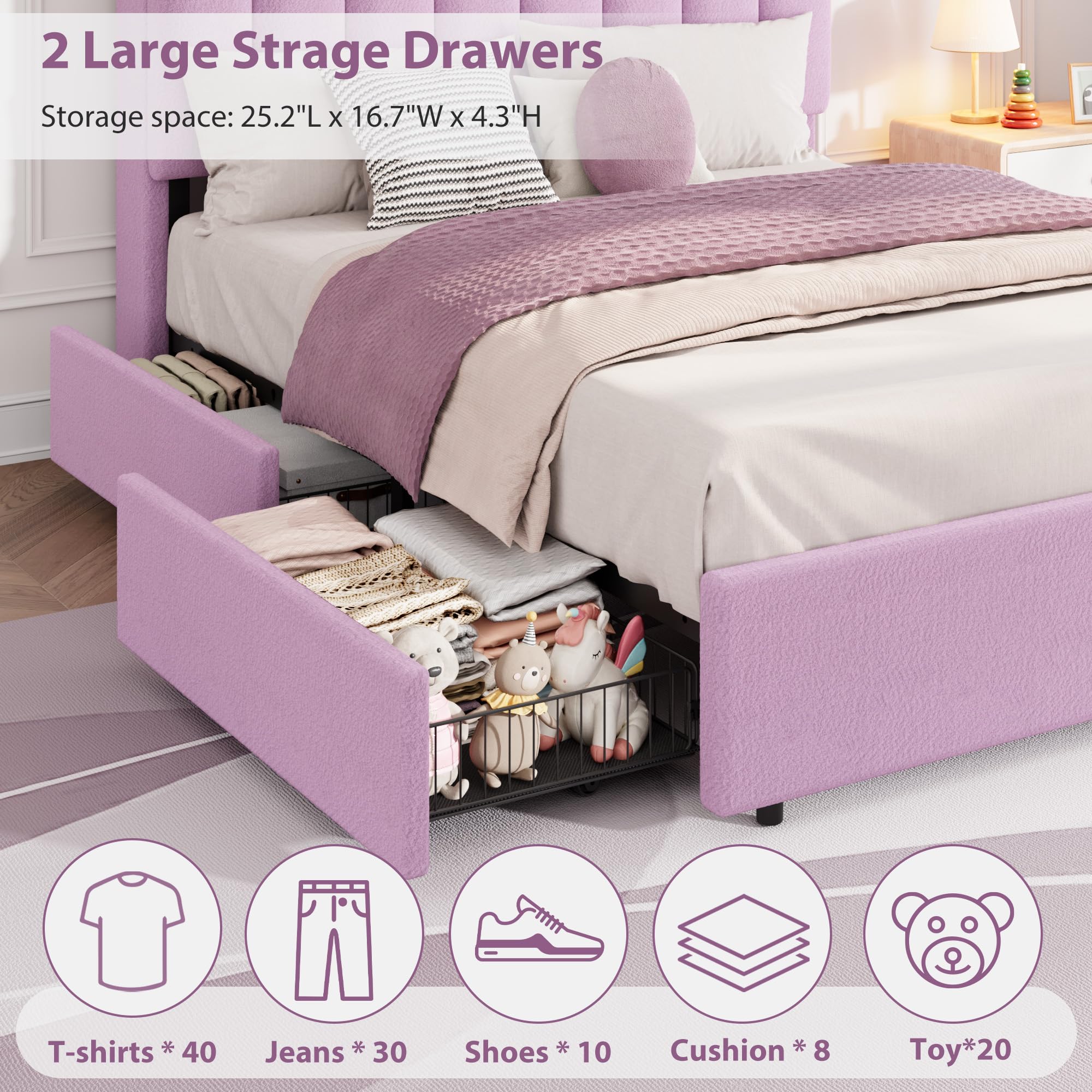 Full LED Bed Frame with Storage Drawers & Bookcase Headboard