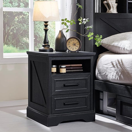 18" Farmhouse Nightstand with Charging Station,End Table with 2 Drawers Storage,Side