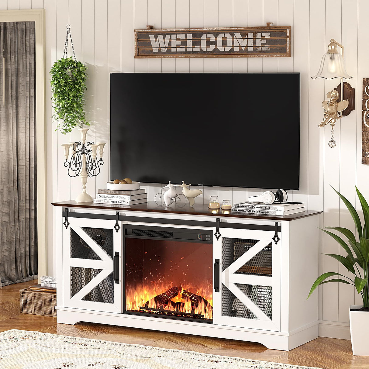 Fireplace TV Stand for 65 Inch TV, Farmhouse Media Console Table with Electric Fireplace