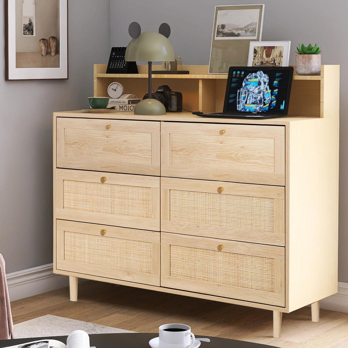 Rattan Dresser for Bedroom with Shelves, Modern 6 Drawer Double Dresser