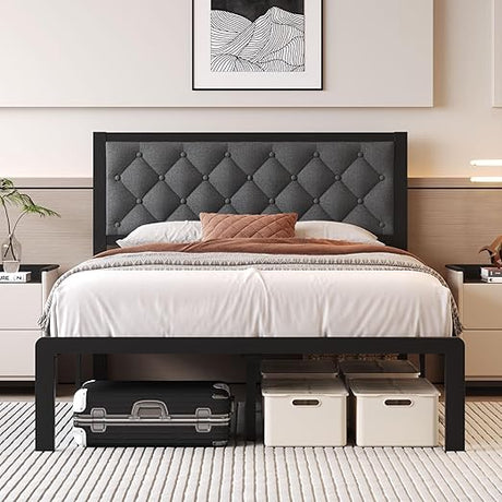 Queen Bed Frame with Headboard PU Leather Upholstered Bed Frame Platform,All Metal