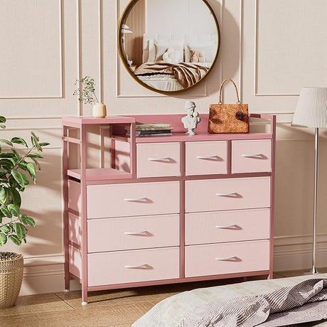 Dresser TV Stand with Power Outlet, Bedroom Dresser with 9 Drawers