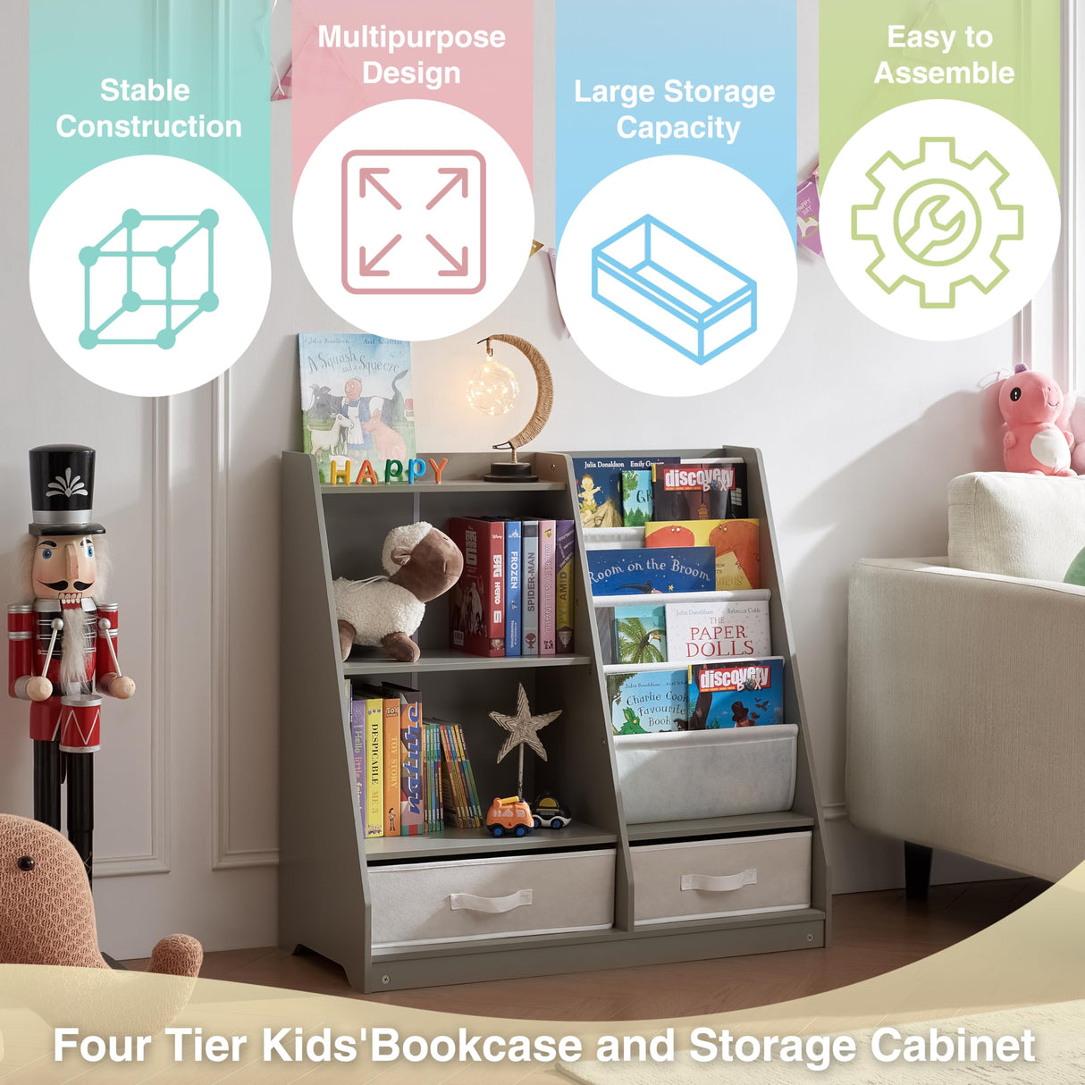 Kids Bookshelf with 2 Storage Boxes and 4 Sling Bookcase, Toddlers Book and Toy