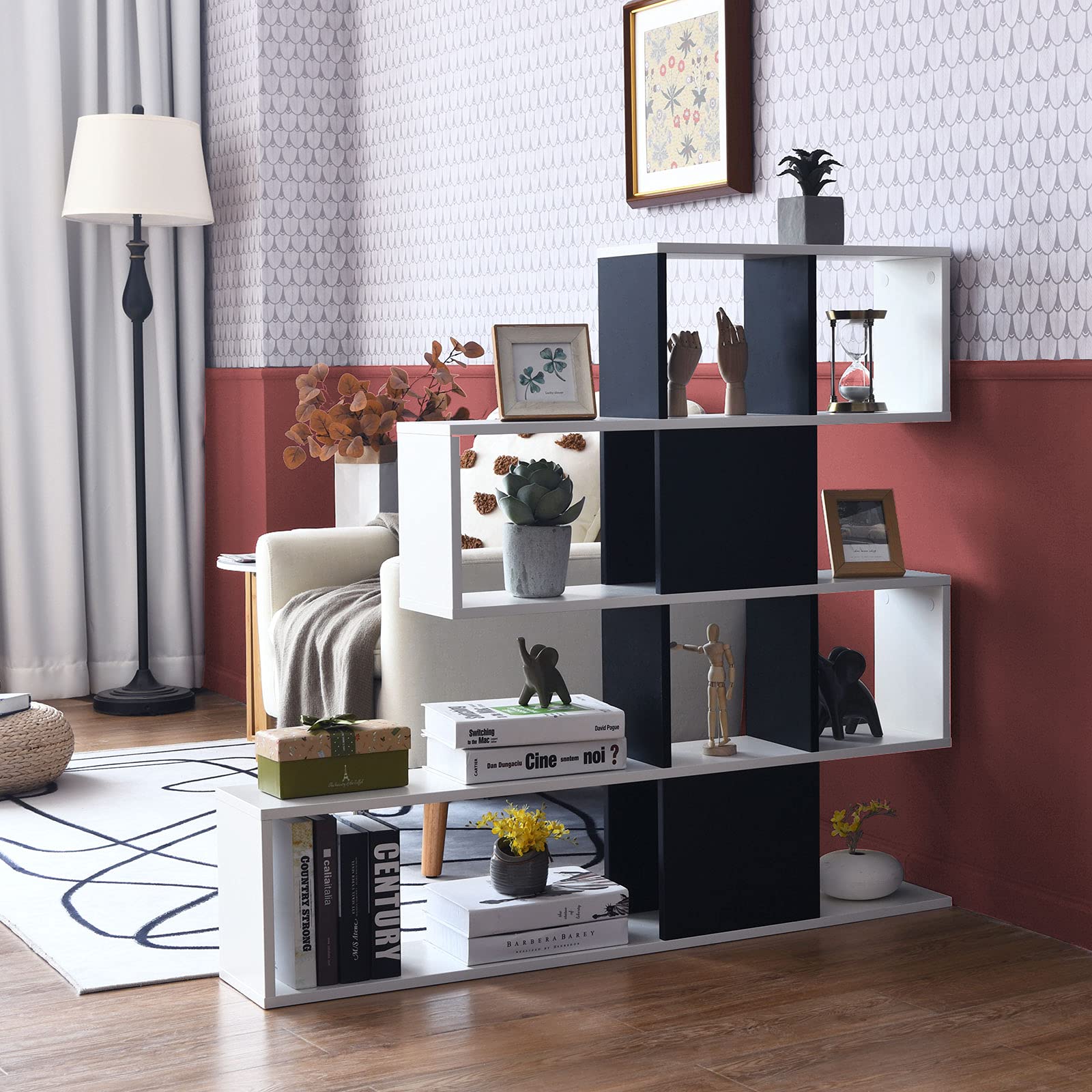 8 Cubes Bookshelf, Modern Ladder Corner Bookcase, 8-Cube Open Stepped Storage Bookcase, 5-Tier Display Shelf for Home Office, 47 x 8 x 43 Inch, Living Room Divider Bookcase