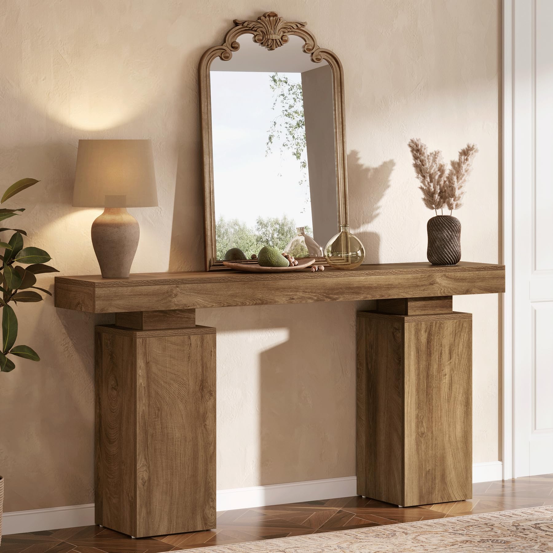 63-Inch Farmhouse Console Table - Natural Wood Finish