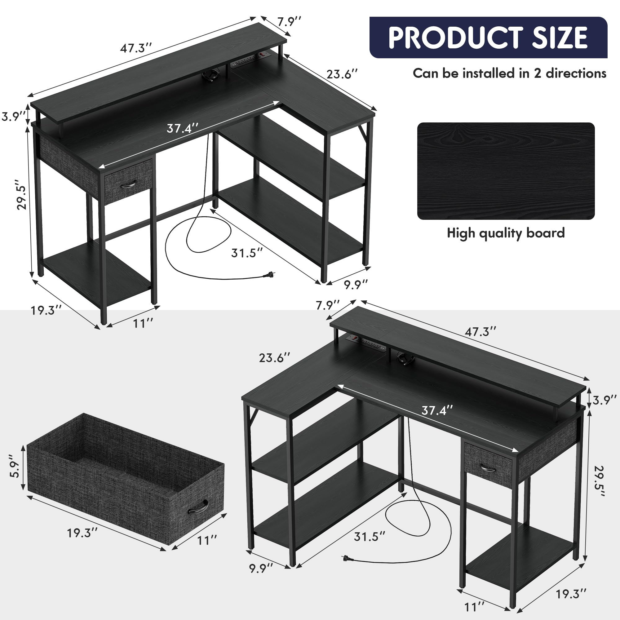 L Shaped Gaming Desk with LED Lights & Power Outlets, Reversible Computer Desk
